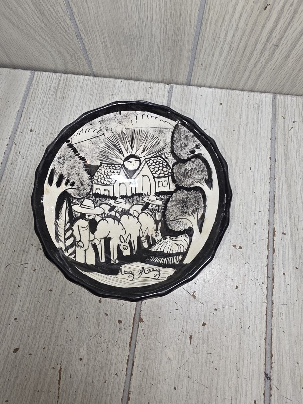 Mexican Hand-Painted Xalitla Folk Art Clay Vintage Bowl Black & White Talavera